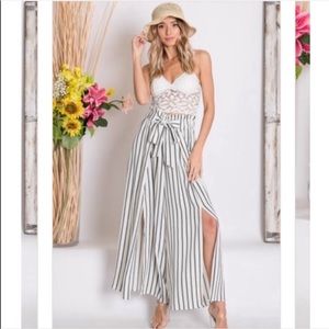 Stripe Print Pants with a Slit. Wide Leg Pants